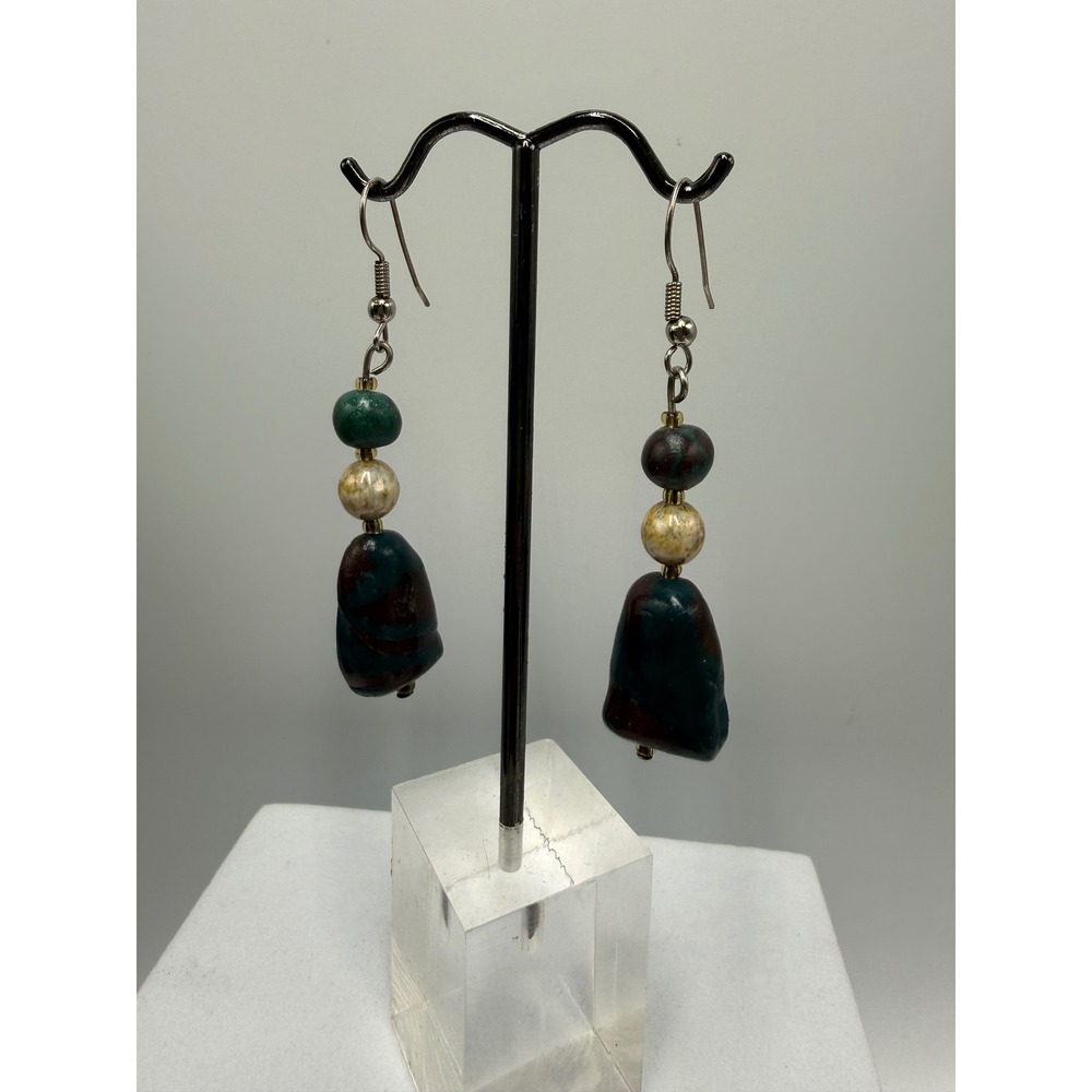Boho Marbled Green Brown Beaded Drop Earrings Silver Tone French Wire Dangle
